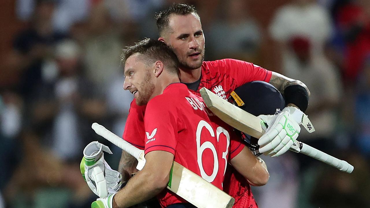 Jos Buttler and Alex Hales celebrate their win over India in the T20 World Cup. Photo by Surjeet YADAV / AFP