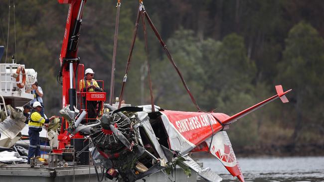 Pictured at Jerusalem Bay in Sydneys Hawkesbury river are  police attached to Marine Area Command, during an operation to recover the wreckage of a Sydney Seaplane that crash into the water on New Years Eve.Picture: Richard Dobson.