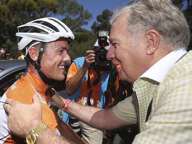 Simon Gerrans and Orica-GreenEDGE team owner Gerry Ryan celebrate their TDU triumph. Picture: Mark Gunter/AFP