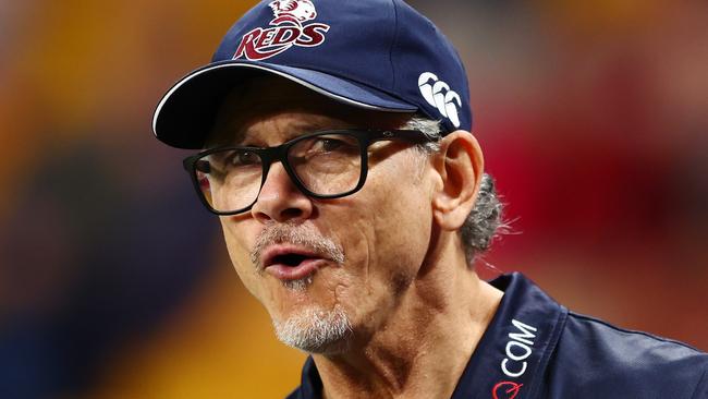 BRISBANE, AUSTRALIA - APRIL 25: Reds Coach Les Kiss looks on during the round 11 Super Rugby Pacific match between Queensland Reds and Blues at Suncorp Stadium, on April 25, 2025, in Brisbane, Australia. (Photo by Chris Hyde/Getty Images)