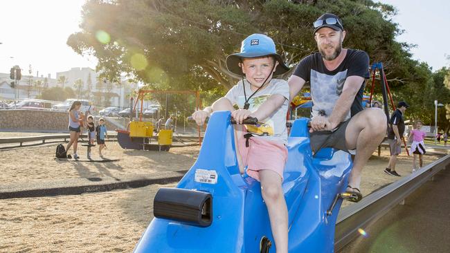 Gold Coast Best Parks. Simon Irving from Ballarat, Vic, with this son Noah  Irving, 5, at the Southport Broadwater Parklands.   Picture: Jerad Williams