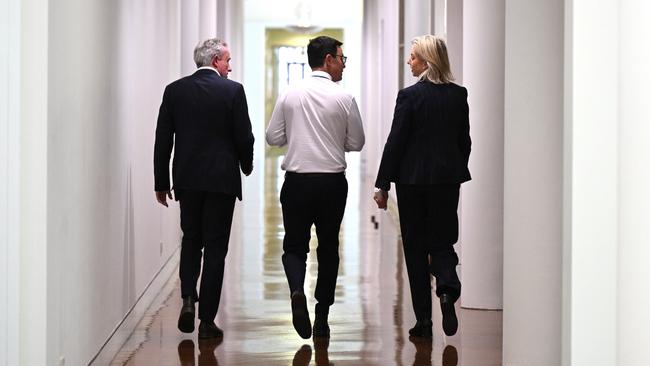 Nationals leader David Littleproud, centre, deputy leader Kevin Hogan, left, and Senate leader Bridget McKenzie in Canberra on Tuesday. Picture: AAP