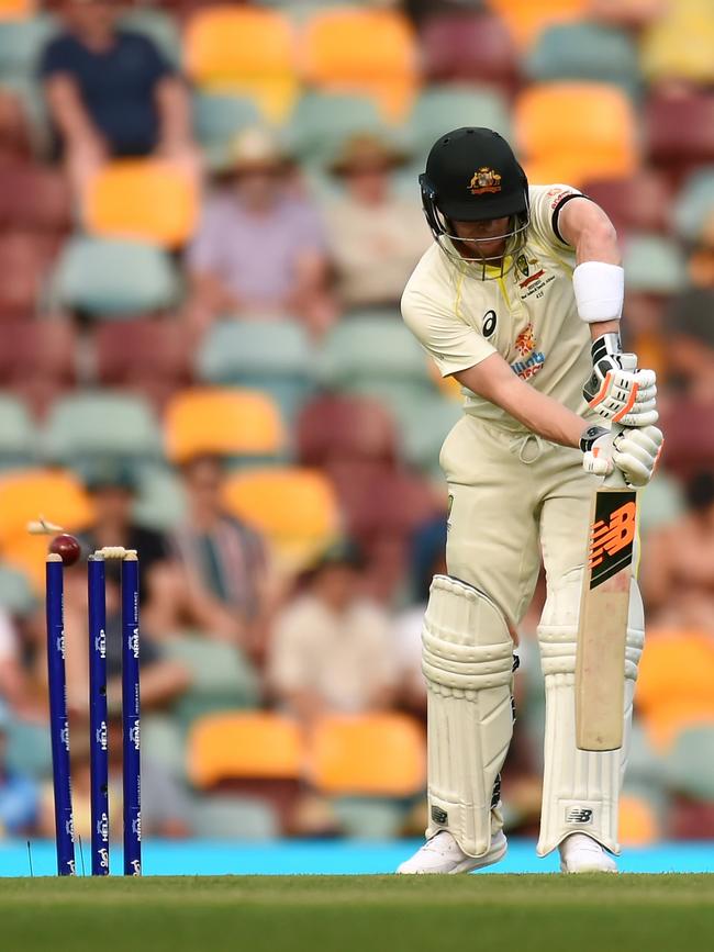 Steve Smith is bowled late on day one. Picture: Albert Perez/Getty