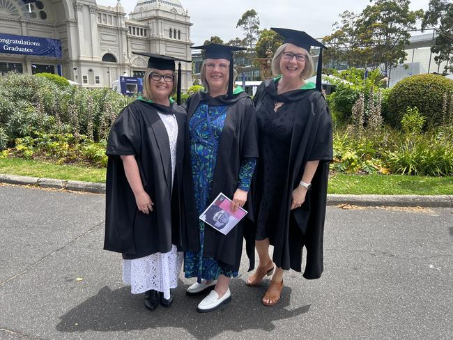 Master of Instructional Leadership graduates: Nicole O’Brien, Alysoun Smalley and Julia Petrov at the University of Melbourne graduations held at the Royal Exhibition Building on Saturday, December 14, 2024. Picture: Jack Colantuono