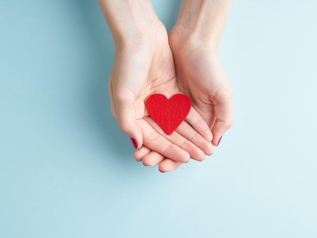 young hands holding or giving a red heart, concept of family and donation or adoption, helth care the medicine concept