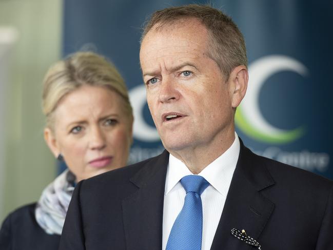 Opposition Leader Bill Shorten and his wife Chloe Shorten address the media at the Open day at the Australian Islamic Centre in Newport, Melbourne, on Sunday. Picture: AAP