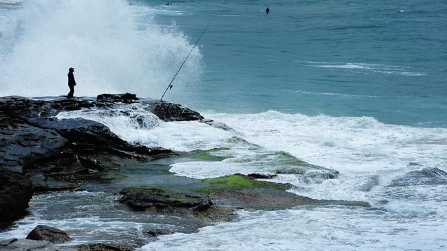 A man rock fisherman at South Curl Curl during big seas.