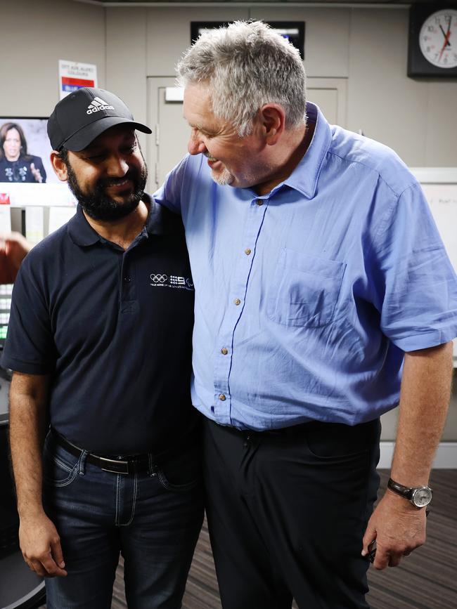 Senior broadcast engineer Harish Samineni with Hadley on Thursday. Picture: Rohan Kelly