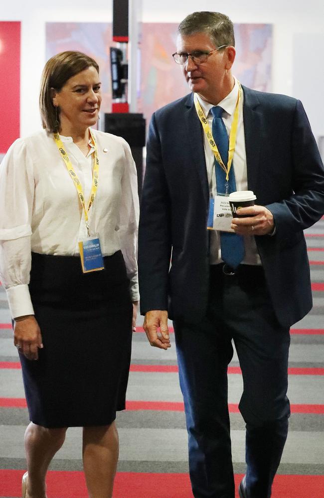 Lawrence Springborg with former Opposition leader Deb Frecklington at the LNP state council. Picture: Liam Kidston