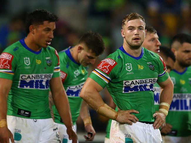 CANBERRA, AUSTRALIA - APRIL 17:  Hudson Young of the Raiders looks on after an Eels try during the round six NRL match between the Canberra Raiders and the Parramatta Eels at GIO Stadium on April 17, 2021, in Canberra, Australia. (Photo by Matt Blyth/Getty Images)