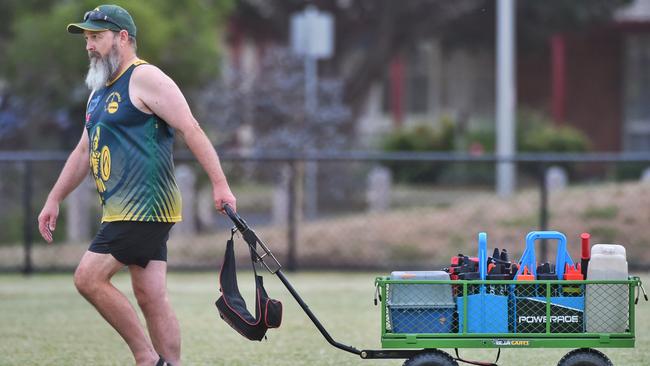 Max Novinec, Werribee Centrals head trainer, brings out the drinks. Picture: Tony Gough