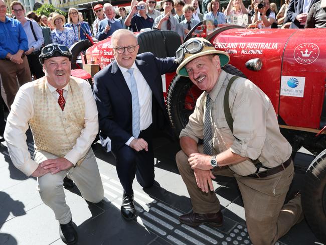 MELBOURNE, AUSTRALIA- NewsWire Photos JANUARY 31, 2025: Warren Brown and Matthew Benns from The Daily Telegraph arriving in Melbourne after recreating Francis Birtles' 1927 journey from London to Melbourne in the Bean open-top sports car. They were met by Prime Minister Anthony ALbanese. NewsWire/ David Crosling