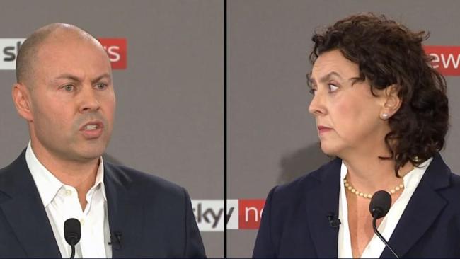 Josh Frydenberg and Dr Monique Ryan during the debate on Sky News.