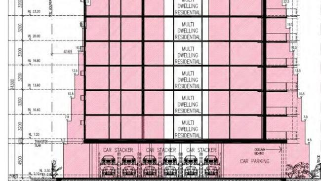 Parking plan for Palm Beach unit development proposal showing car stacking.