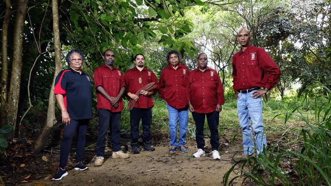 Djabugay Nation members Mercy Baird, Richard Bing, Gavin Singleton, Dianne Ambrym, Florince Williams and Alfred Gray standing at the Palm Cove trail head. Picture: Brendan Radke