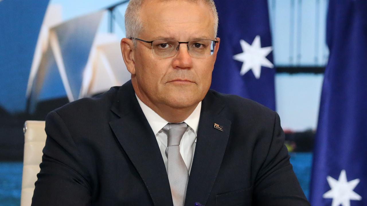 Prime Minister Scott Morrison at the virtual climate summit held by US President Joe Biden. The US set tougher climate goals, Australia did not. Picture: Christian Gilles/NCA NewsWire