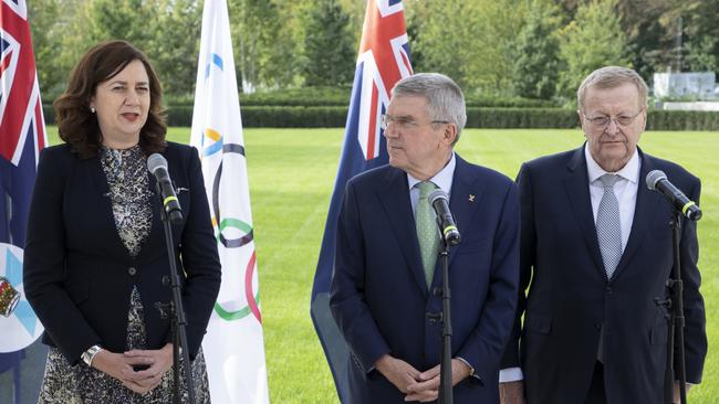 Premier Annastacia Palaszczuk meets IOC boss Thomas Bach with AOC head John Coates in Lausanne. Picture: Greg Martin/IOC