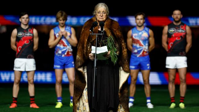 Aunty Joy Murphy Wandin performs Welcome to Country. Photo by Michael Willson/AFL Photos via Getty Images.