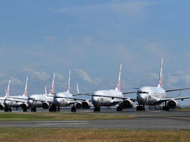 Grounded Virgin Australia aircraft at Brisbane airport. Picture; AAP.