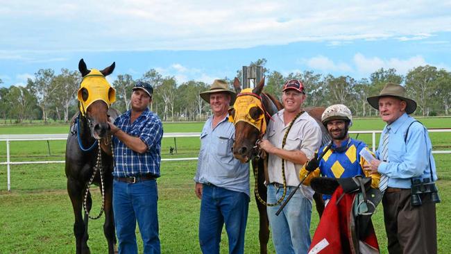 BIG WINS: Matthew, Bob and Christopher Murray, jockey Robert Faehr and Jack Murray at the 2019 Monto Races. Picture: Felicity Ripper