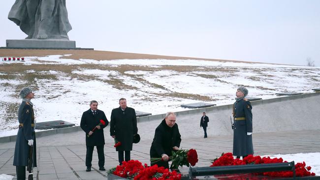 Vladimir Putin visits the Mamayev Kurgan World War Two Memorial in Volgograd. Picture: AFP.