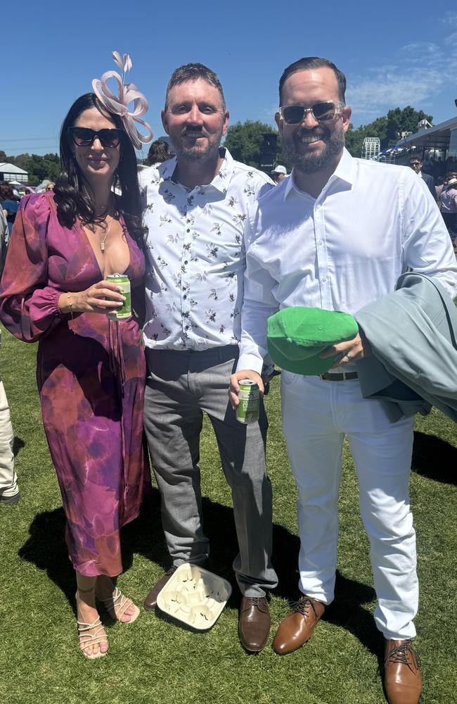 Candice Coghill, Michael Winstanley and James Winstanley at the Melbourne Cup at Flemington Racecourse on November 5, 2024. Picture: Phillippa Butt