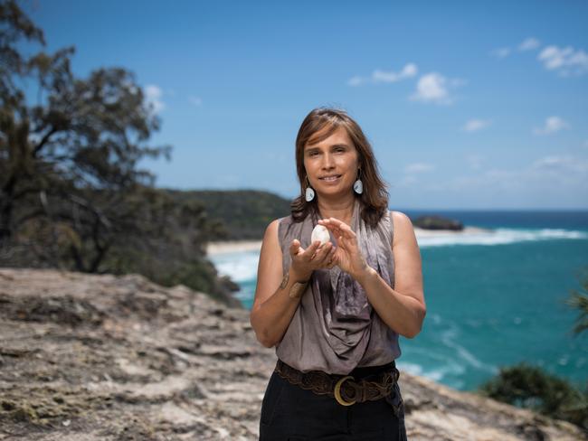 Artist Delvene Cockatoo-Collins with a eugarie shell which inspired her design for a place marker. Picture: David Kelly