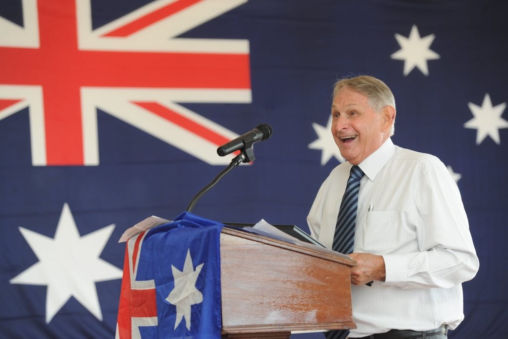 Fraser Coast Citizen of the Year Trevor Cecil speaking at the Hervey Bay Community Centre. Picture: Alistair Brightman