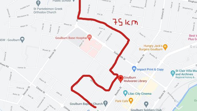 This map of downtown Goulburn shows the route Robert John Fenton took to evade police. Where the route disappears on Fitzroy St is where he was driving at 90kms/hr.