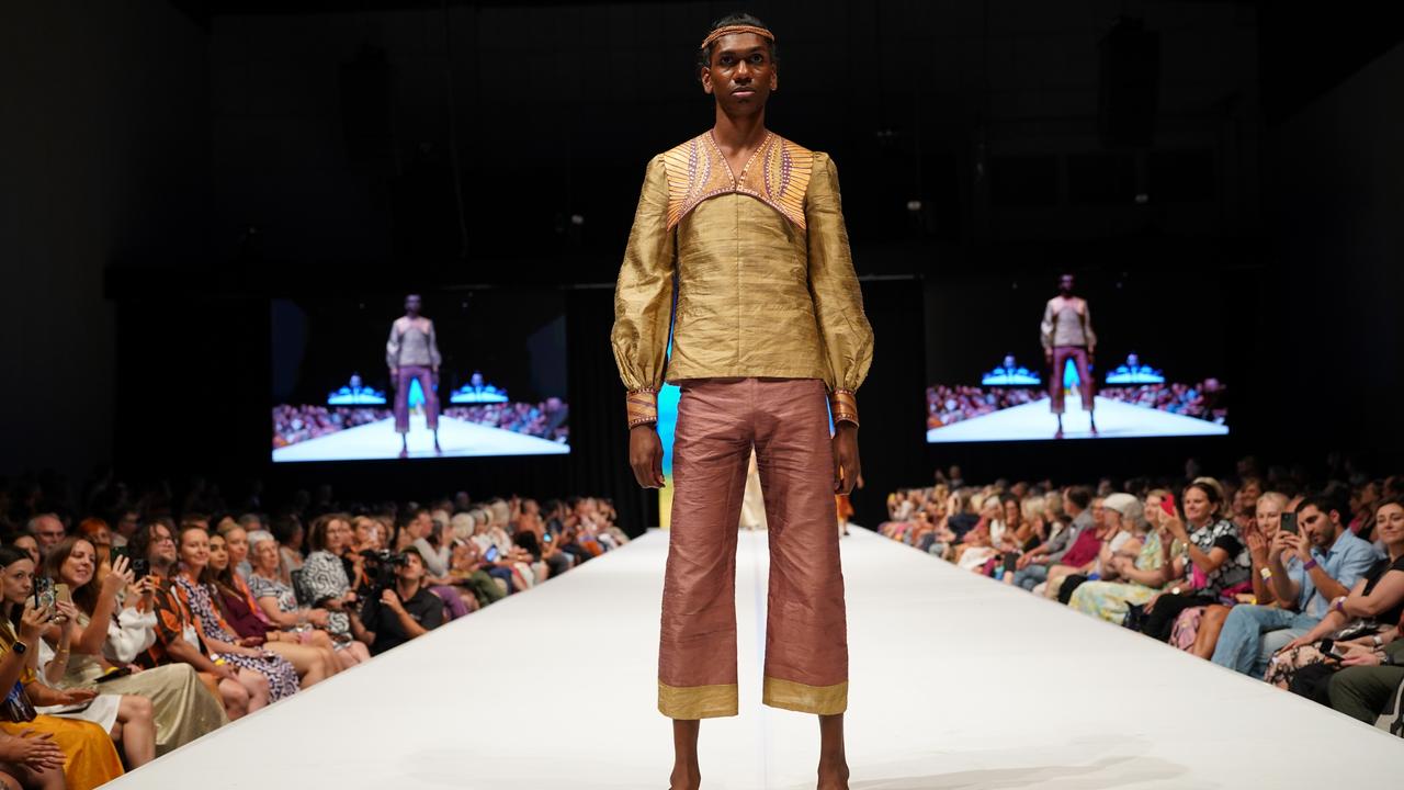 Totem collar by Andrew Wanamilil, Bula’bula Arts x Black Cat Couture Soar Collection Country to Couture 2024. Picture: Dylan Buckee
