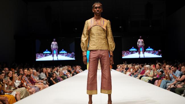 Totem collar by Andrew Wanamilil, Bula’bula Arts x Black Cat Couture Soar Collection Country to Couture 2024. Picture: Dylan Buckee