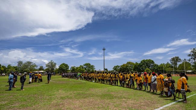 History was made as the Muluwurri Magpies beat the Tapalinga Superstars in the inaugural 2023 Tiwi Islands Football League women's grand final. Picture: Patch Clapp / AFLNT Media