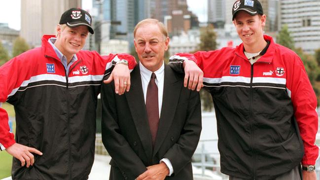 St Kilda’s top two picks Nick Nick Riewoldt and Justin Koschitzke with coach Malcolm Blight at the 2000 national draft.