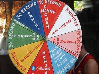 A roulette wheel allegedly used to pick a list of torture techniques meted out to prisoners in a house converted to a prison south of Manila.