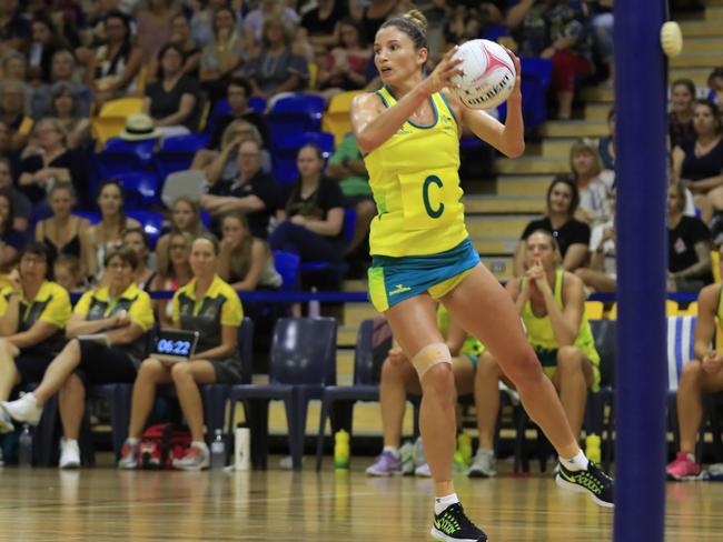 Kim Ravaillion in the Diamonds last warmup game before the Commonwealth Games at Sunshine Coast Stadium. Photo Lachie Millard