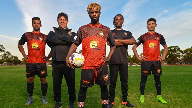 Ghan Kilburn City players Masoud Teymouri, Lyon Varney and Javeed Zamini with coaches Rahim Zaidi and Desmond Tucker. Picture: AAP Image/ Brenton Edwards