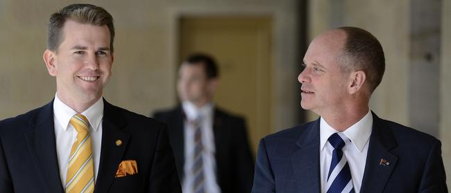 Then-Queensland Premier Campbell Newman and then-Attorney-General and Minister for Justice Jarrod Bleijie announcing the anti-bikie crackdown in October 2013 (AAP Image/Dan Peled)