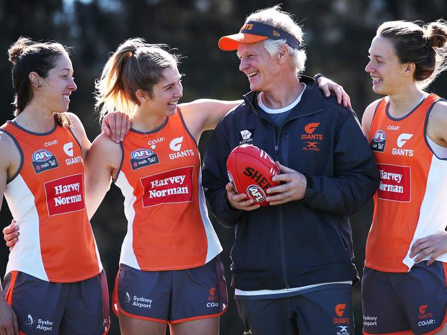 New Giants coach Alan McConnell with Renee Forth, Maddie Collier and Emma Swanson. Pic: Phil Hillyard