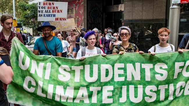 Students protest against Scott Morrison over climate change in Sydney’s Darling Harbour in February. Picture: Flavio Brancaleone