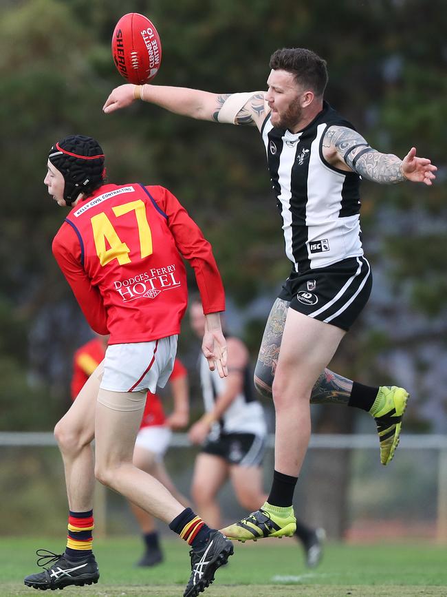 SFL football. Claremont V Dodges Ferry. Emmett McShane Dodges Ferry and Blake Lockley Claremont. Picture: Nikki Davis-Jones