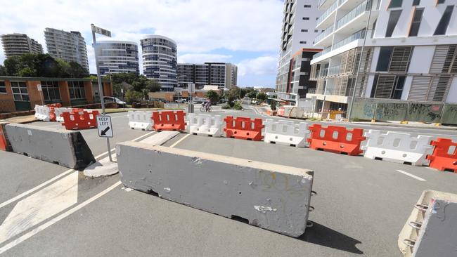 Concrete barriers reinforce the Bay Street border crossing between Tweed Heads, NSW and Coolangatta, Queensland in November. Picture: SMP Images