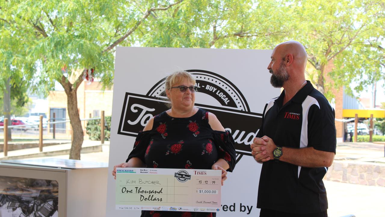 Award winner Kim Butcher and South Burnett Times General Manager Daniel Pelcl at the cheque presentation for Town Proud 2019.