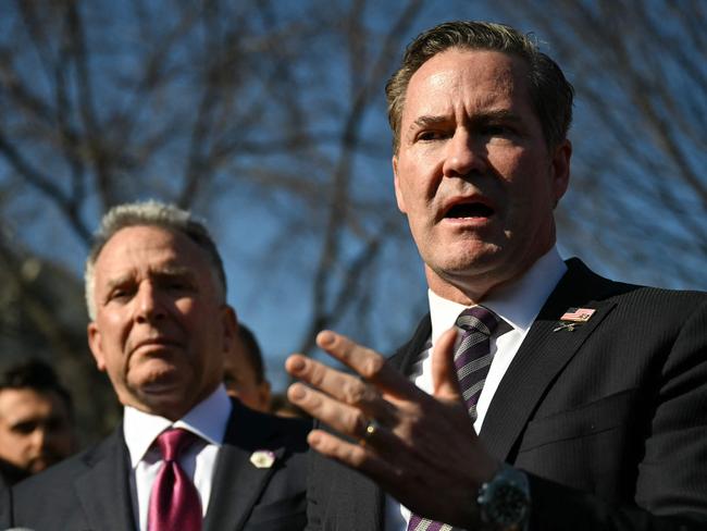 US Special Envoy to the Middle East Steve Witkoff and US National Security Adviser Mike Waltz speak to reporters outside the White House as they await the meeting between Mr Trump and Mr Netanyahu. Picture: AFP