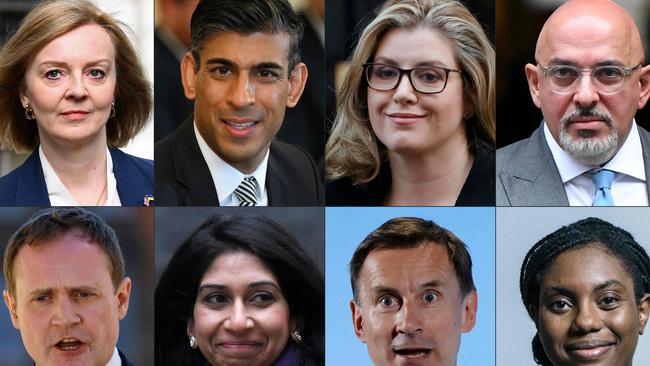 Tory leadership contenders top row from left, Britain's Foreign Secretary Liz Truss, Chancellor of the Exchequer Rishi Sunak, International Development Secretary and Minister for Women and Equalities Penny Mordaunt, Education Secretary Nadhim Zahawi: Bottom row from left, Tom Tugendhat, Attorney General Suella Braverman, Jeremy Hunt and Kemi Badenoch. Picture: AFP.