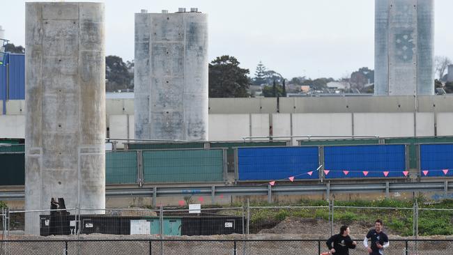 The view of the pylons from Donald McLean Reserve in Spotswood. Picture: Josie Hayden