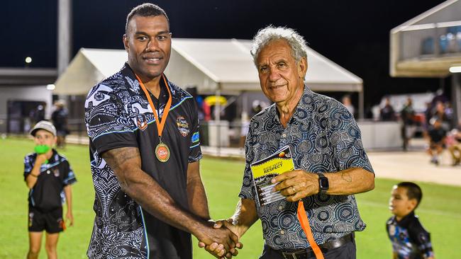 Territory All Stars full back Suliasi Tavodi awarded the Spirit of the Game award by Charlie King in the 2023 Deadly Cup Carnival. Picture: Pema Tamang Pakhrin