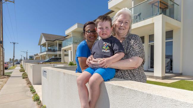 Rosemary Cardinali and Leanne Lawrence, with Jack, 3 support lower speed limits on local streets in Adelaide’s west. Picture: Ben Clark