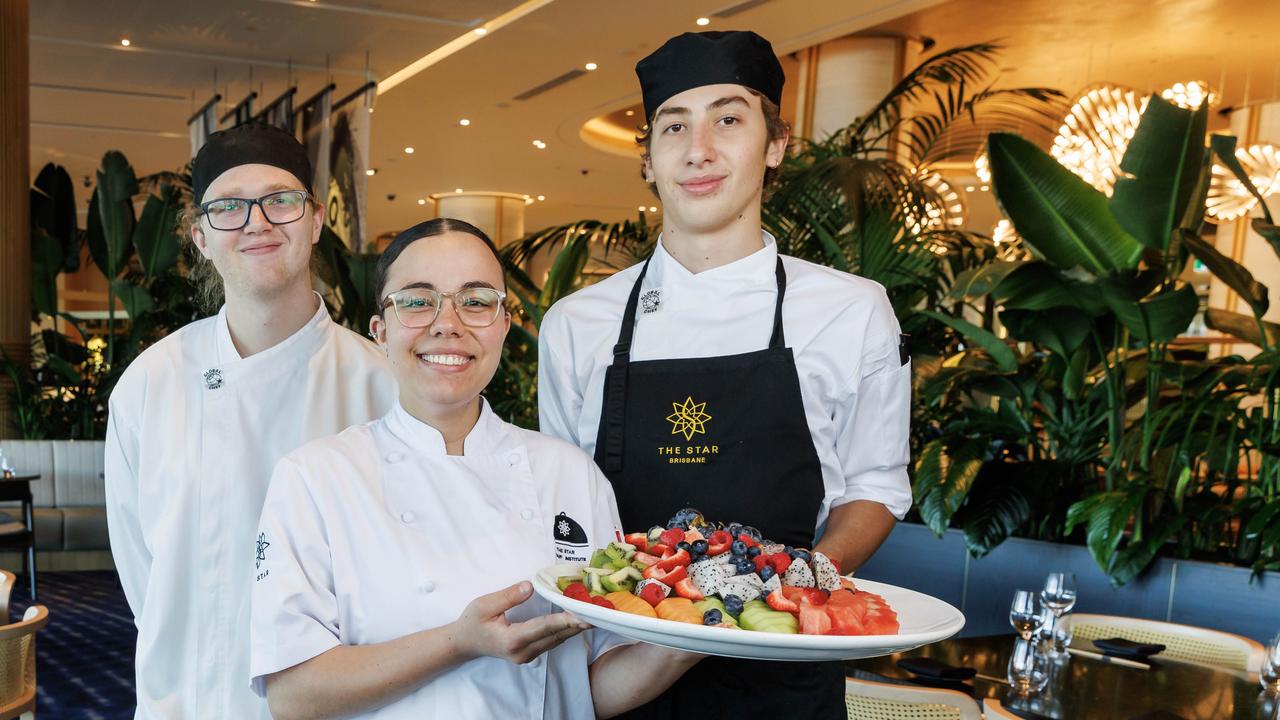 Apprentice chefs Matthew Meadows, Marianna Love and Finbarr Vaux at The Star Brisbane. Picture: Lachie Millard