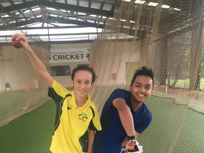 Nightcliff’s Charlie Smith (left) with Sadman Amin. Picture: Josh Spasaro.