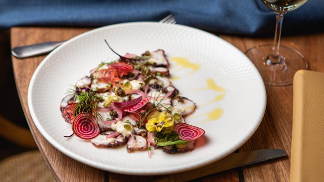 Fremantle octopus carpaccio at Tillerman restaurant in Brisbane City. Picture: Judit Losh.